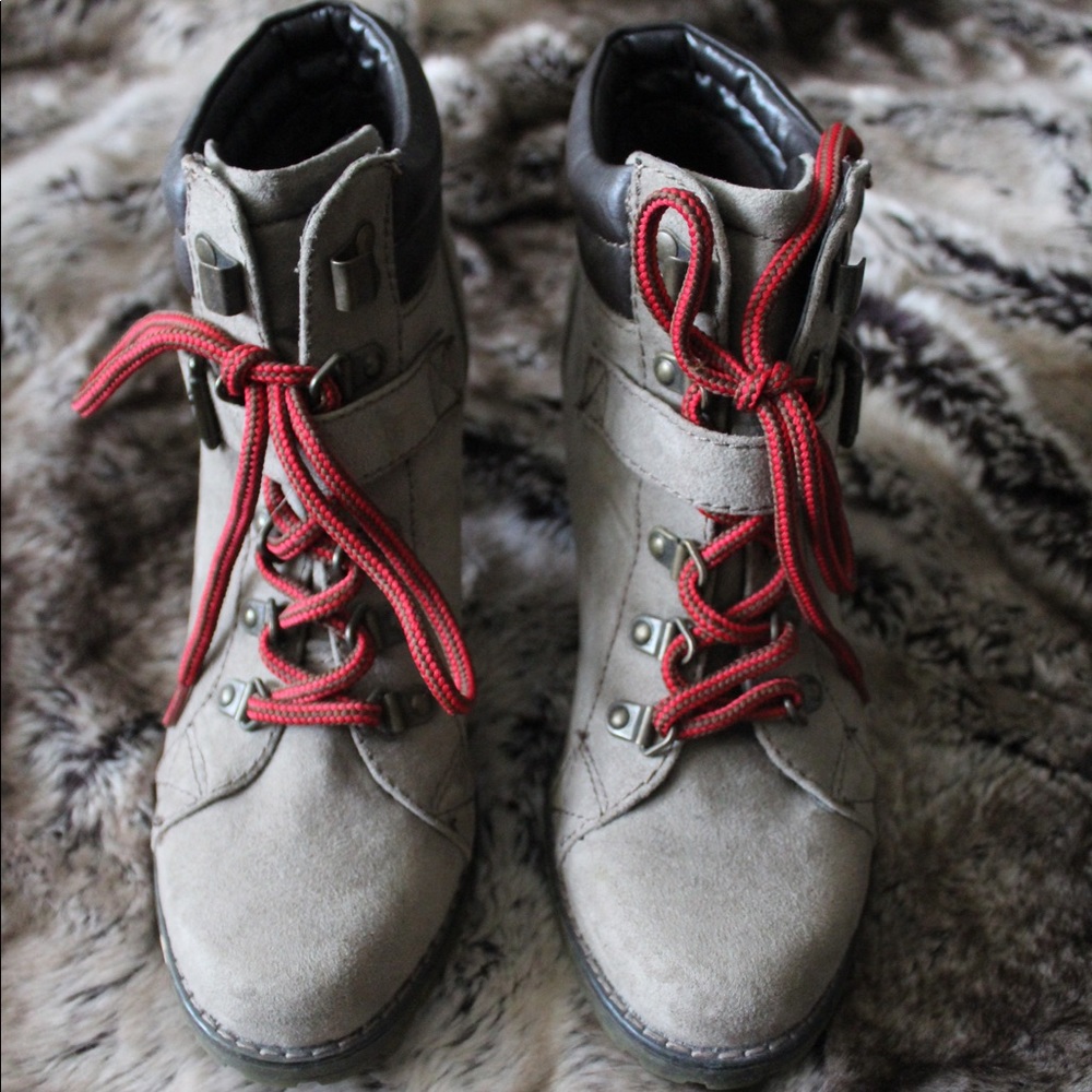 Grey Buckle Ankle Booties with Red Shoelaces